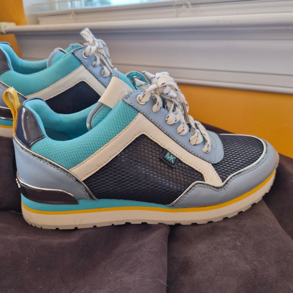 Michael Kors Maddy Sneakers Womens Blue Teal Navy Yellow Mesh Lace Up Retro - Picture 6 of 13